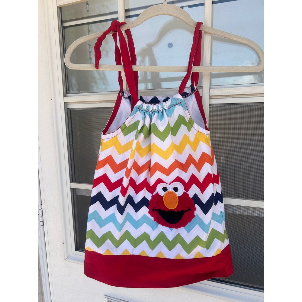 Handmade Sesame Street Elmo Rainbow Chevron Pillowcase Dress Red Tie Straps